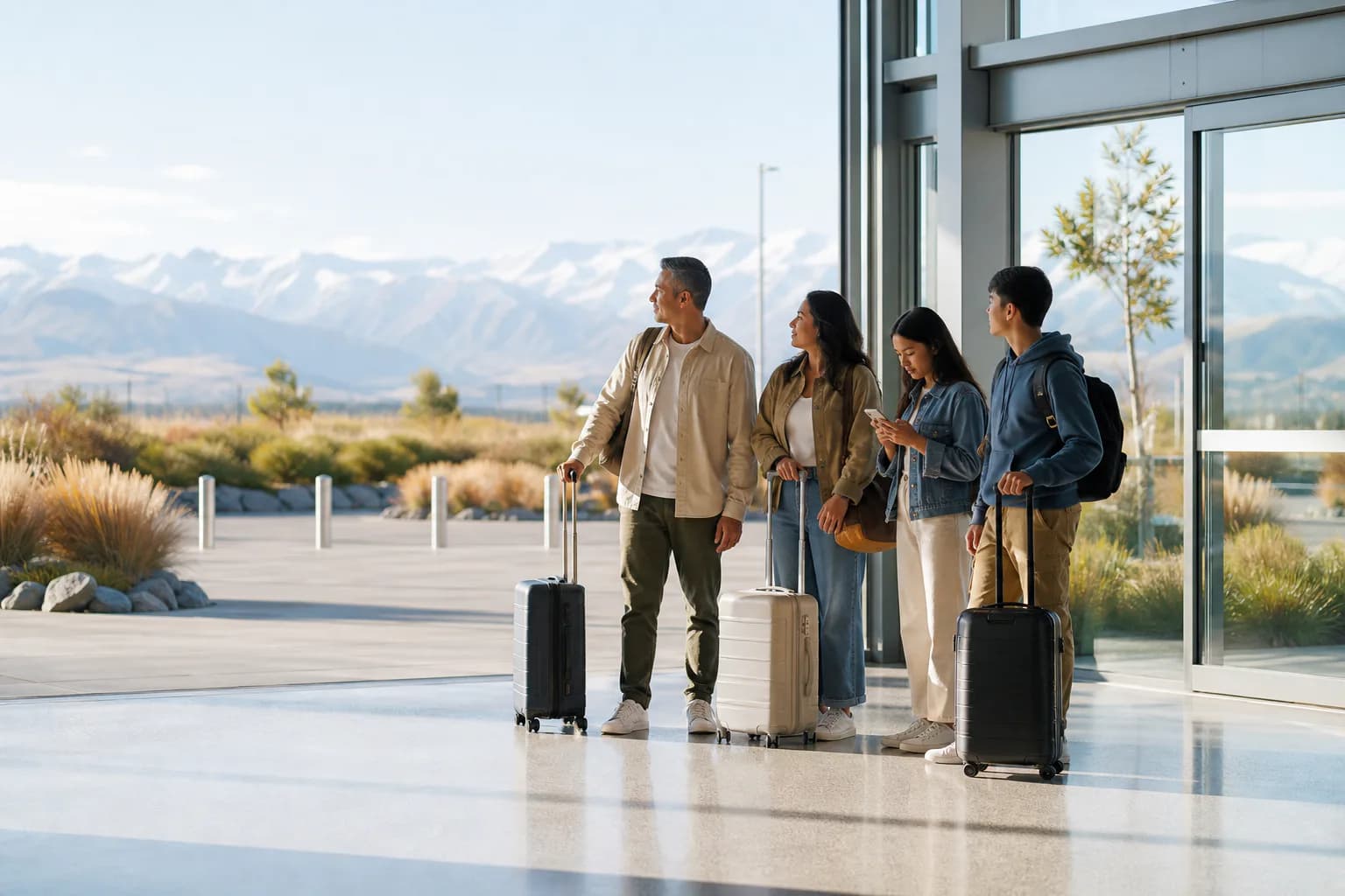 International visitors arriving in Christchurch with luggage and planning their onward journey