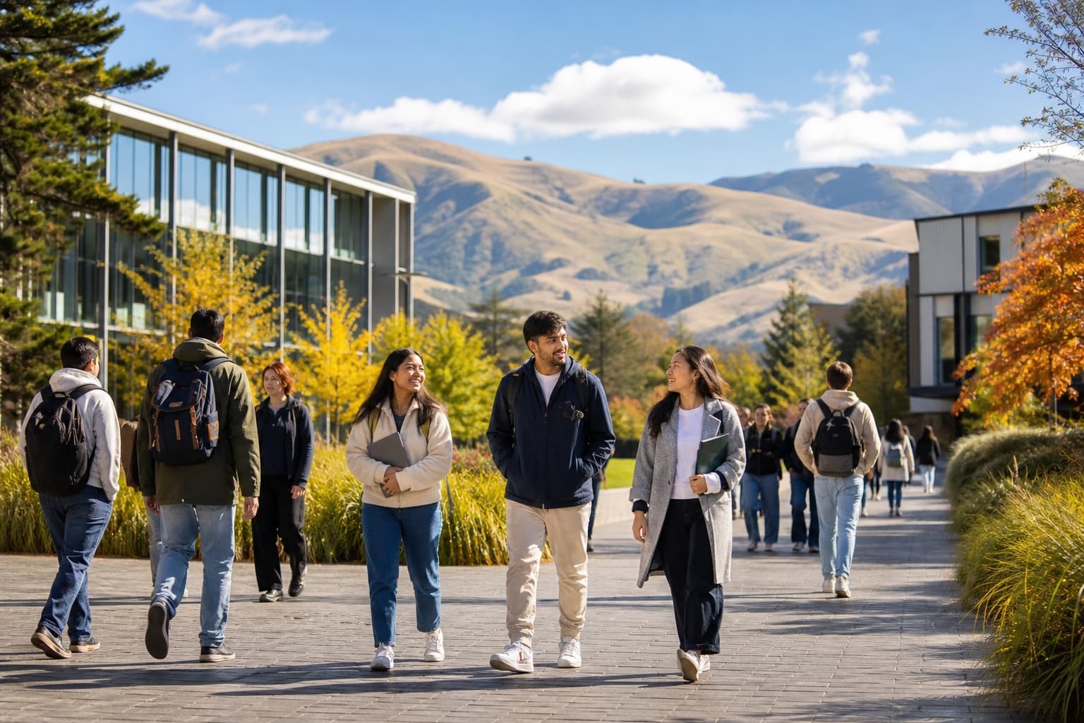 International students walking through a New Zealand university campus