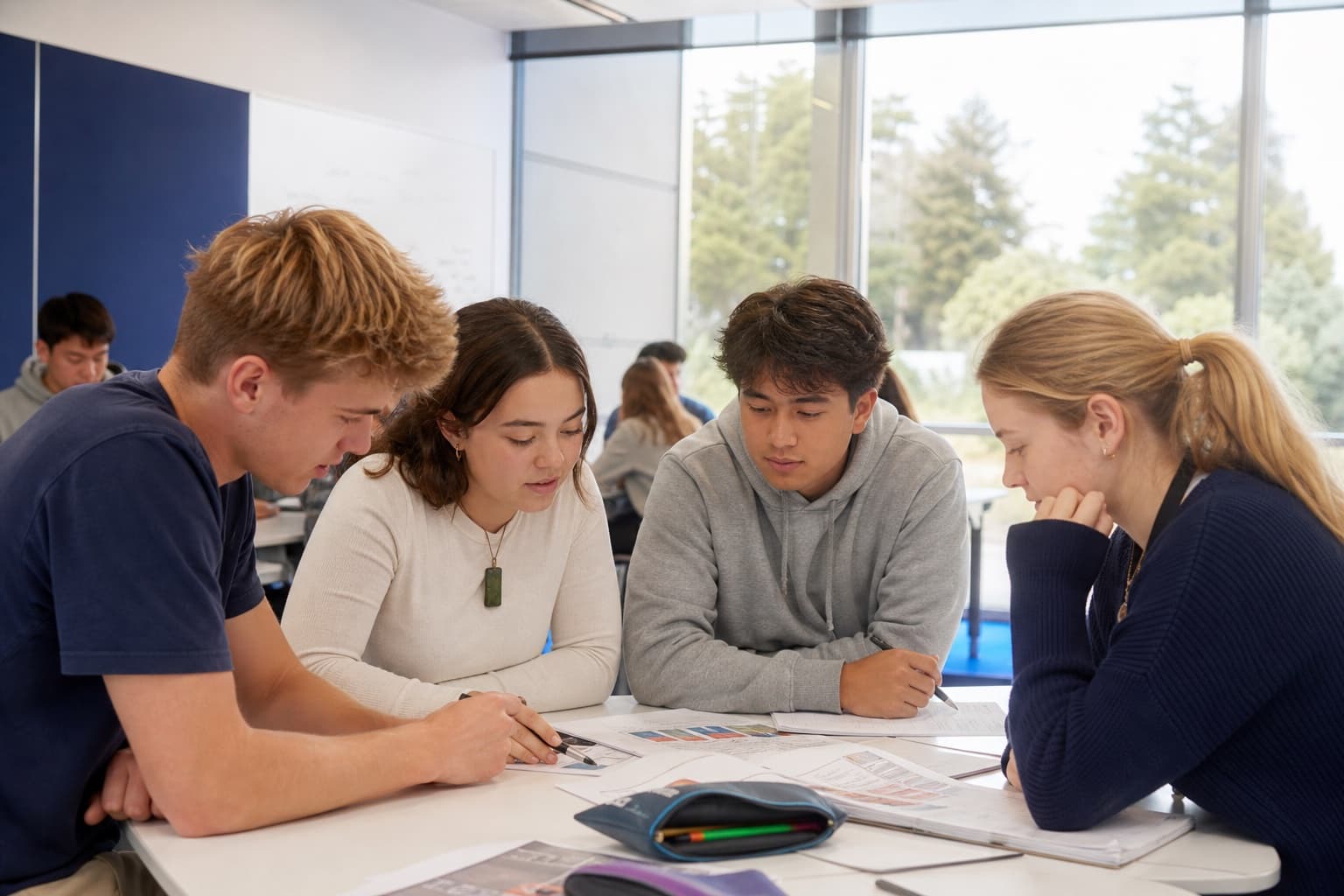 Senior secondary students working together in a bright New Zealand classroom
