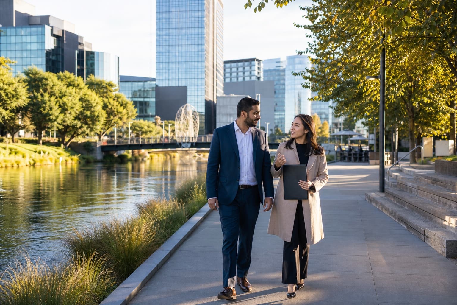 Two professionals discussing their plans while walking beside the Avon River in Christchurch