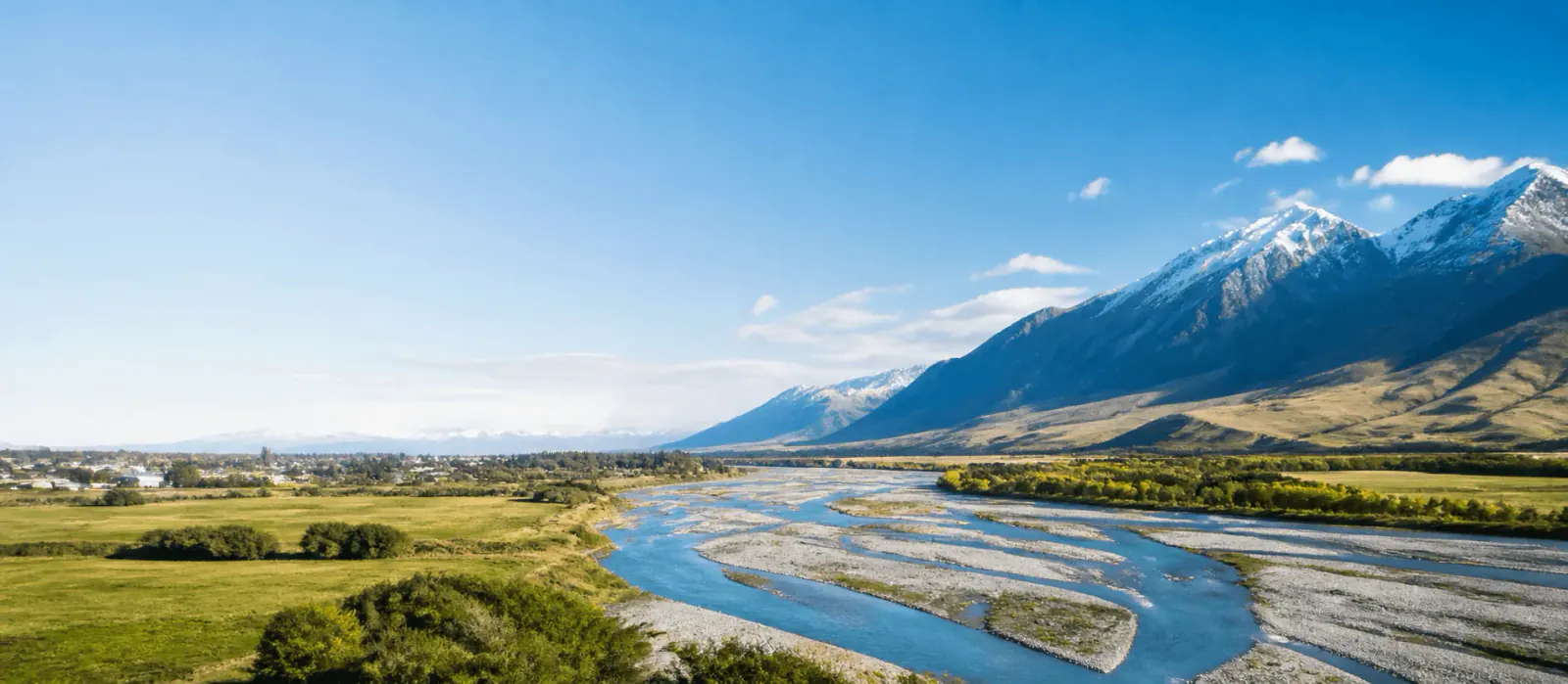 Canterbury braided river and open plains in New Zealand